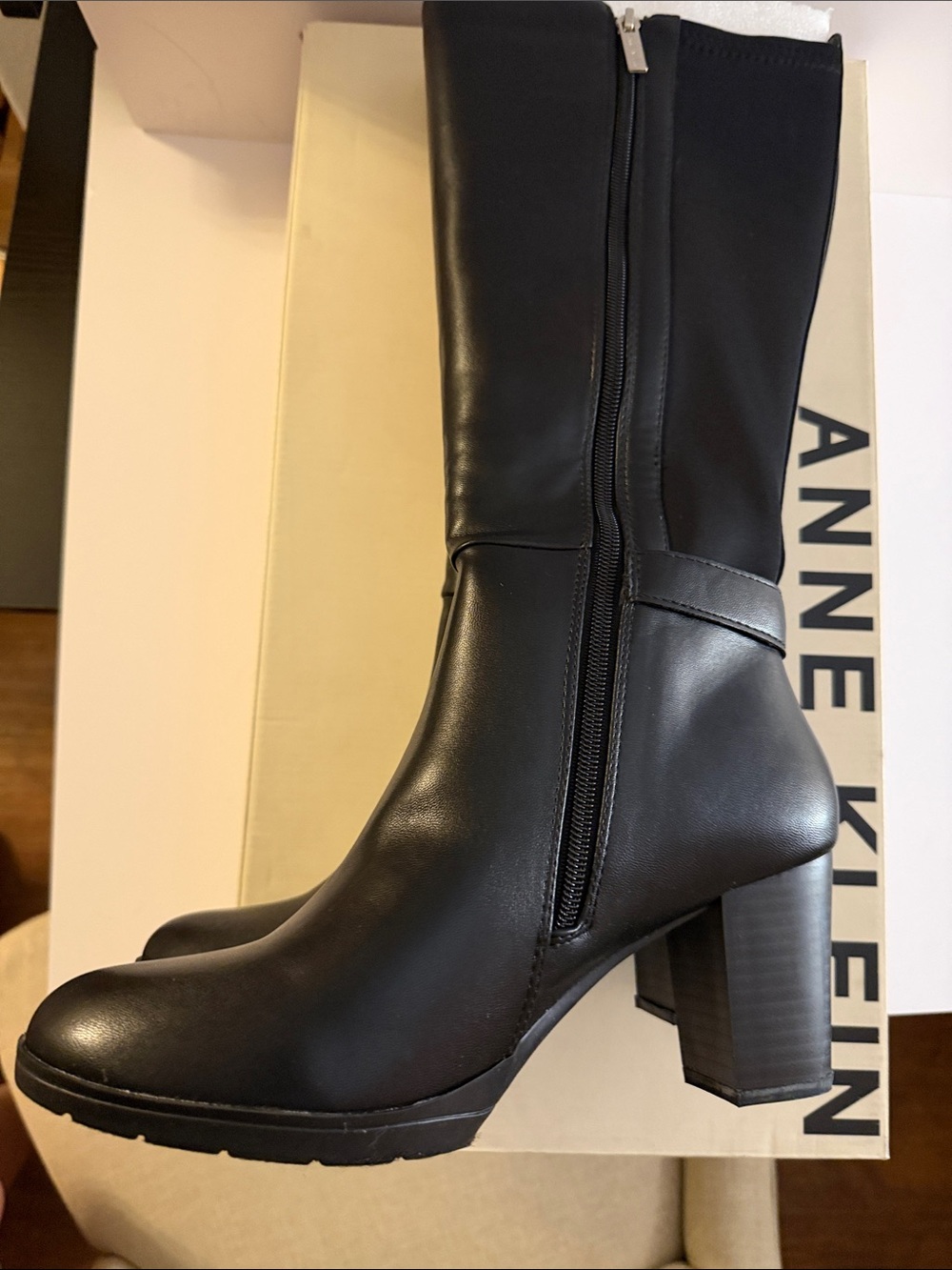 Anne Klein Black Knee-High Block Heel Boots with Stretch Panel - Picture 4 of 5